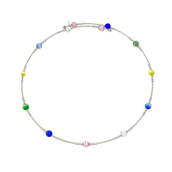 Memory Wire Multicolor Cat's Eye Choker Necklace | Sterling Silver 925 | 15.5" - Picture 1 of 4